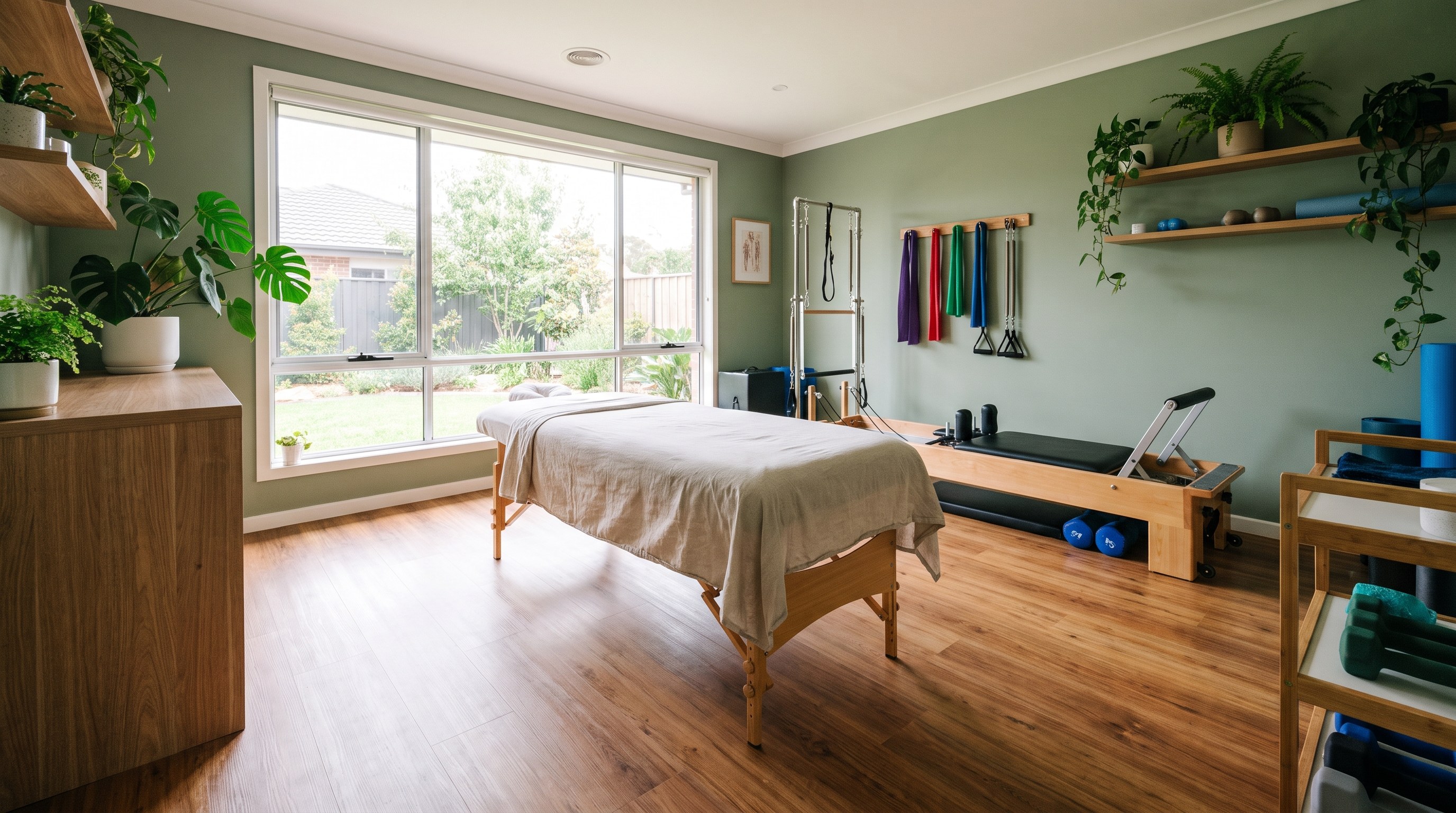 A massage therapy room with a heated table, soft lighting, and a diffuser at a Bowden wellness studio